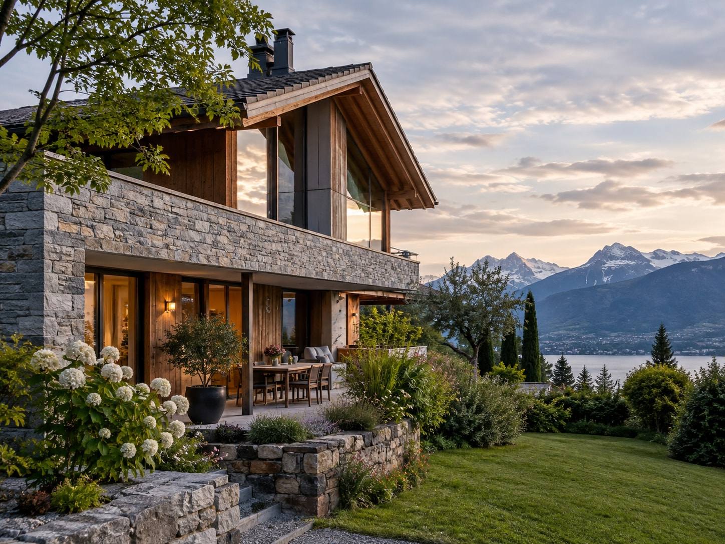 Haus am See mit Bergblick