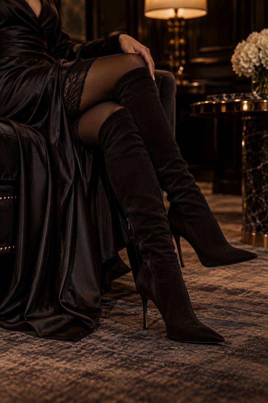 Wildlederstiefel und dunkler Stoff