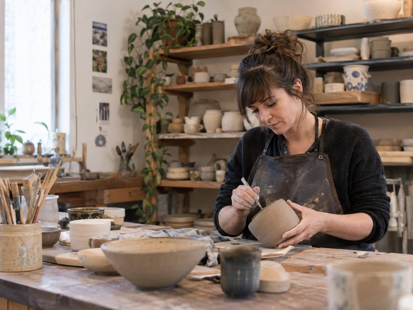Keramikerin in ihrem Atelier