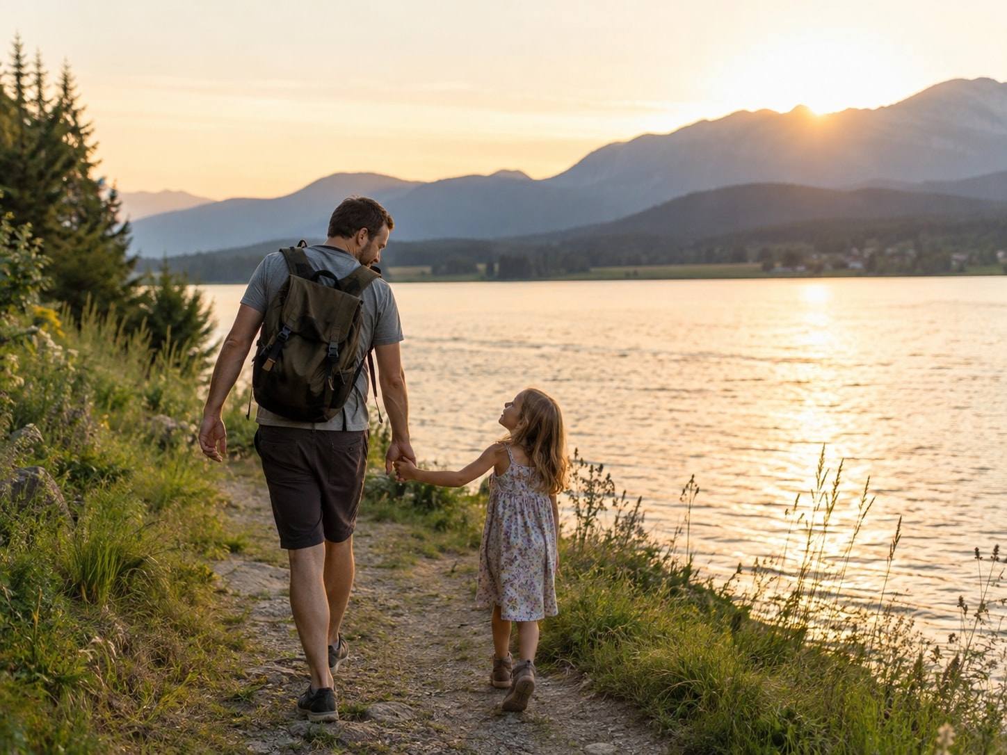 Vater und Tochter auf dem Weg am See