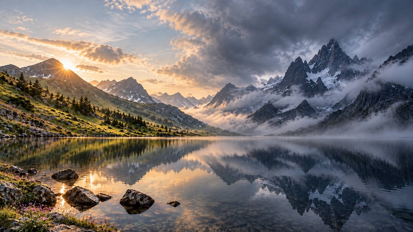 Panorama eines Alpensees: links warmes Frühlingslicht über grünen Hängen mit Bergblumen, rechts dunkle, schneebedeckte Gipfel in Wolken und Nebel – beide Seiten spiegeln sich im stillen Wasser.